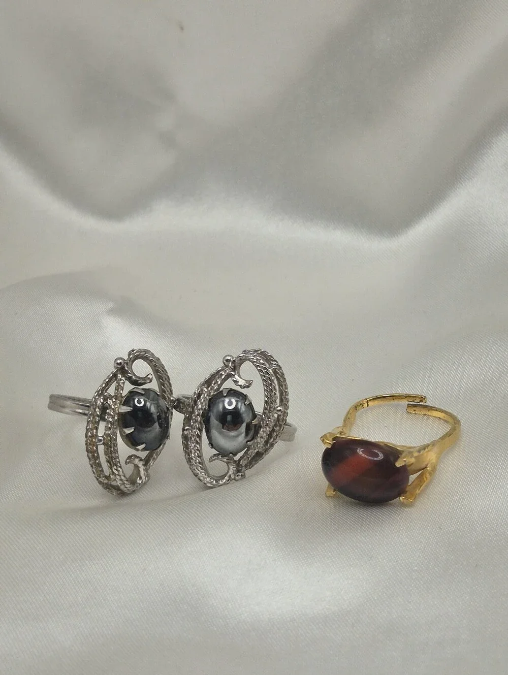 Sarah Coventry Adjustable 3 Rings. Gold Ring & Two Silver Hematite Rings